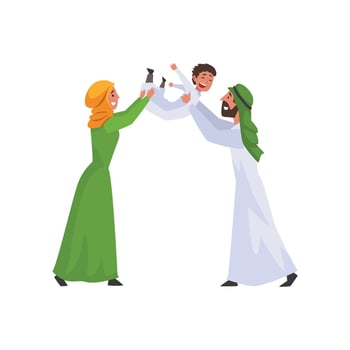 Happy Arab Family in Traditional Clothes, Muslim Parents Having Fun with Their Son Illustration vector
