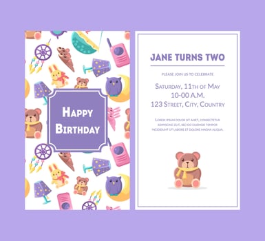 Happy Birthday Greeting Card, Violet Party Invitation Template for Baby Girl Birthday Celebration Illustration vector