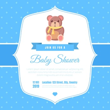 Baby Shower Invitation Template on Blue Polka Dot Background, Card with Cute Toy Teddy Bear and Place For Your Text Illustration vector