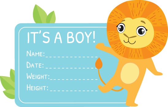 Baby Boy Shower Invitation Template, Pink Card with Cute Lion and Place For Your Text Illustration vector