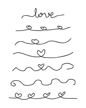Hand drawn Valentine hearts and text love romantic doodle set. Isolated illustration for decor and design. vector
