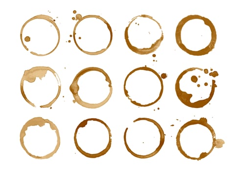 Coffee stain. Black coffee rings on surface. Brown tea spots spilling from cup. Grunge circle stamps. Decorative drink drops and stains. Liquid stain frame. set vector