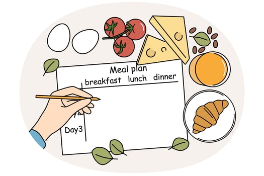 Meal plan on table of nutritionist near ingredients for preparing healthy and tasty food vector