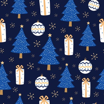 Seamless pattern on blue background with new year or christmas. Awesome christmas wallpaper elements, gift wrapping paper vector