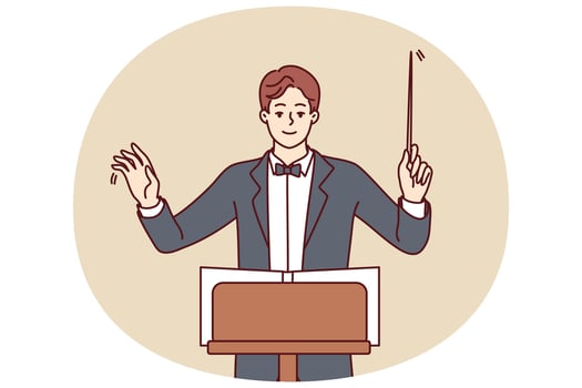 Man conductor participates in acoustic concert and helps orchestra perform classical symphony vector