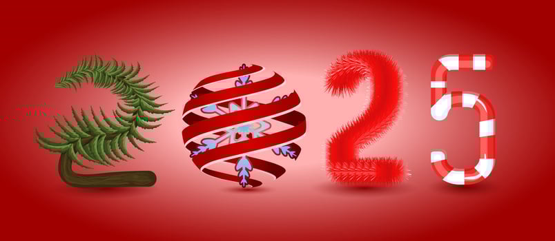 A unique combination of Christmas objects and the number 2025 that creates a unity that is ready to be used in every design. vector