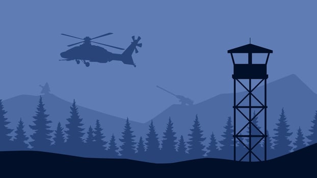 Landscape illustration of military helicopter and watchtower vector