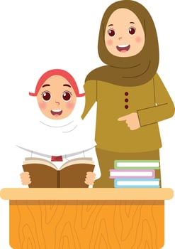 A woman and a girl in a hijab are sitting at a desk vector