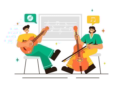 Music Classroom Illustration Featuring Students Engaged in Singing and Instrument Practice in a Flat Theme vector