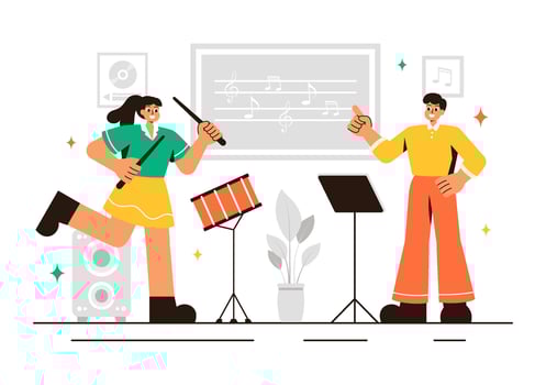 Illustration of a Music Workshop with Aspiring Musicians Practicing and Performing in a Cartoon Background vector