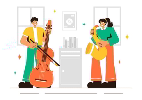 Music Education Illustration Highlighting Singing and Instrument Learning in a Flat Style Cartoon Theme vector