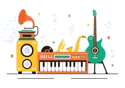 Illustration of a Music Studio with Artists Practicing and Learning in a Flat Style Cartoon Background vector