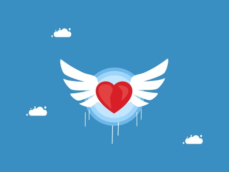a heart with wings and clouds on a blue background vector