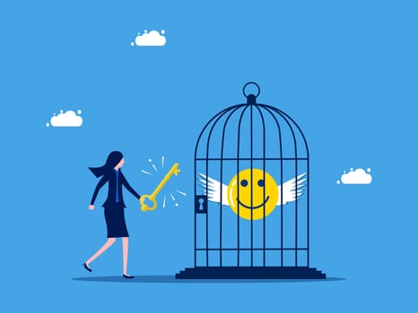 Happy face unlocked in a cage by a businesswoman vector