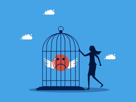 woman holding a sad face in a cage with a bird with wings, sad face, sad man vector