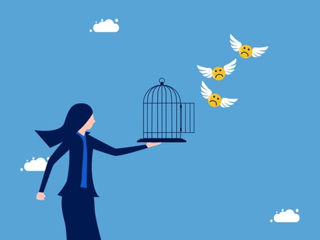 businesswoman holding a bird cage with gold coins flying away from it vector