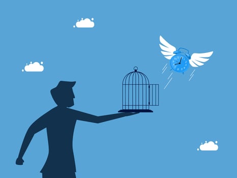 a man is holding a bird cage with a blue bird flying out of it vector