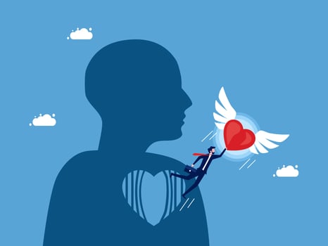 a silhouette of a man holding a heart with wings vector