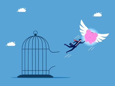 businessman flying away from a piggy bank in a cage vector