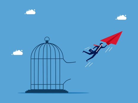 businessman flying away from a paper kite in a cage vector