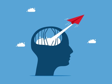 a person's head with a paper airplane flying out of it vector