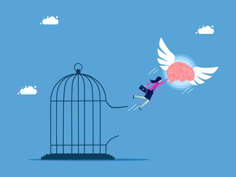 a woman is flying away from a brain in a cage vector