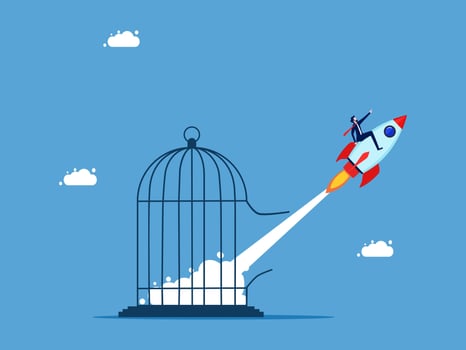 businessman flying out of a cage with a rocket vector