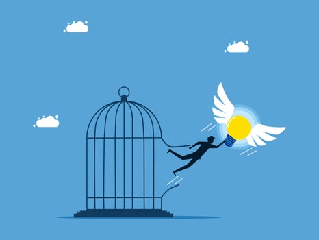 man flying away from a light bulb in a cage vector