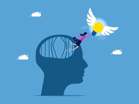 a woman is flying above a man's head with a light bulb vector