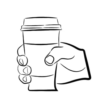 illustration of a hand holding a cup of coffee, line sketch for coloring books vector