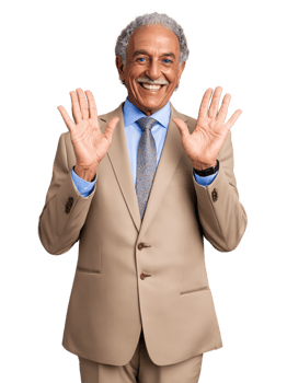 A Middle Eastern elderly man with brown curly hair, blue eyes, wearing business attire, showing joy with a wide grin, png
