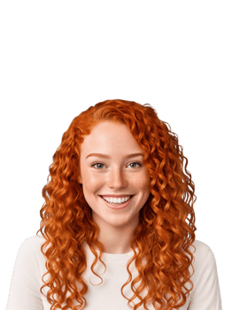 Young woman with curly red hair and freckles, a bright, enthusiastic grin as if she's about to burst into laughter. png