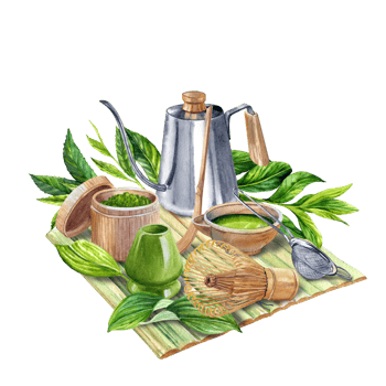 Watercolor picture of Matcha kit for japan ceremony png