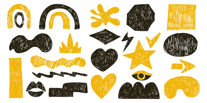 Abstract Grunge Shapes with Hand Drawn Scribble Texture. Organic doodle elements. Retro design perfect for posters, print, fashion, wallpapers vector