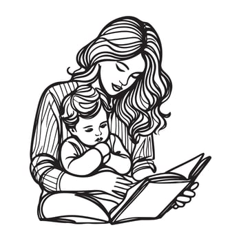 One continuous single drawing black line art doodle of a mother reading a storybook to her child vector