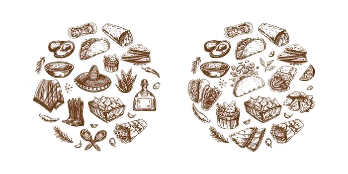Hand-drawn Mexican cuisine with tacos, burritos, nachos and tequila vector