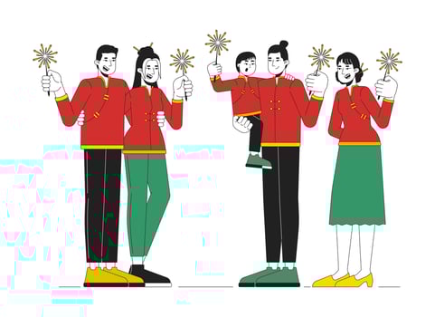 Chinese New Year sparklers lighting cartoon flat illustration. Asian people in spring festival costumes celebrating cny holiday 2D characters isolated on white background. Colorful image vector