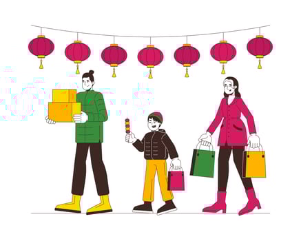 Holiday shopping sales on Chinese New Year cartoon flat illustration. Asian family people buying gifts for cny festive occasion 2D characters isolated on white background. Colorful image vector