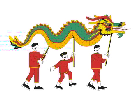 Chinese New Year dragon dance cartoon flat illustration. Spring festival asian kids. Young dragon dancers performing during cny 2D characters isolated on white background. Colorful image vector