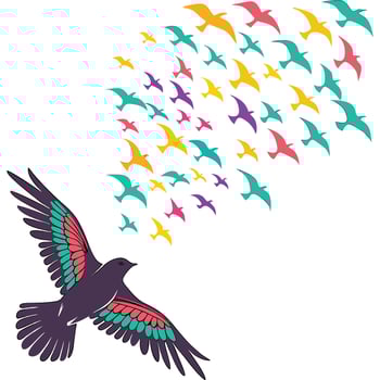 A colorful bird flying in the air with many birds flying around it vector