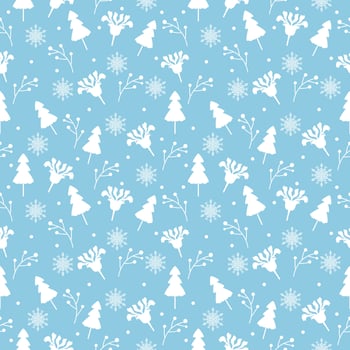Cute seamless of white pine tree with flower on white snowflake and starburst on pastel blue wallpaper and background. Christmas and new year holiday concept vector