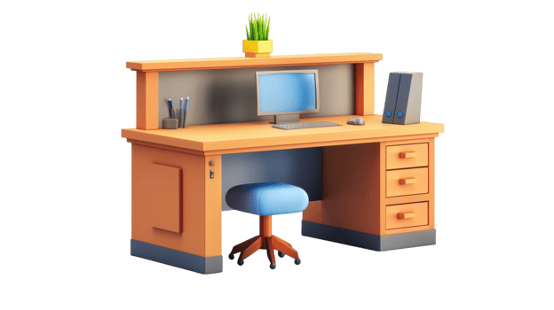 Computer desk with a chair and a plant png