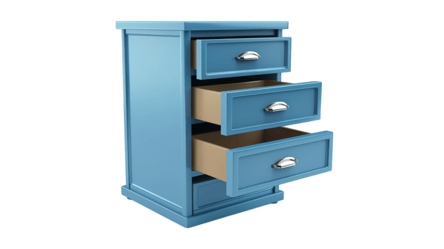 A blue chest of drawers with three drawers png