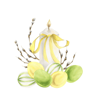 White candle with Easter colored eggs and willow branches decoration and yellow bow watercolor illustration. Springtime Happy Easter hunting party card, invitation design. Religious poster,label decor png