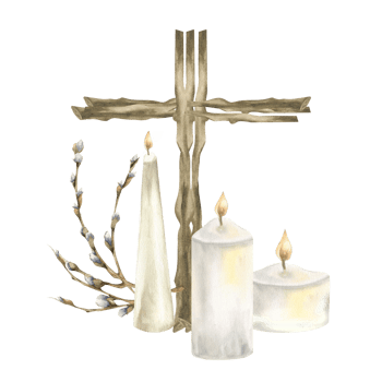 Wooden cross with white candles nd willow branches watercolor illustration.Happy Easter floral clipart, Christian crucifix symbol.Rebirth religious element for church poster,wedding,communion card png
