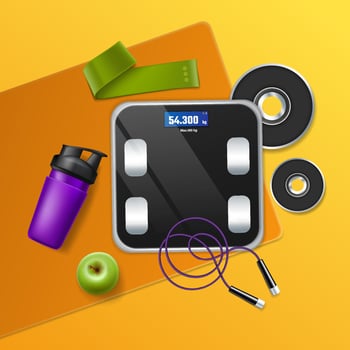 Digital Scale and Fitness Equipment on Yellow Background vector