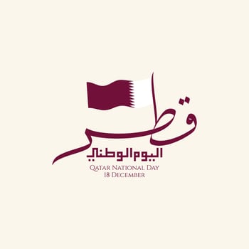 Qatar National Day celebrated on December 18 with arabic calligraphy and flag. Perfect for cultural events, travel blogs, and global celebrations. vector