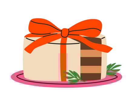 Christmas cake with cute red bow. Festive Gingerbread Bundt Cake with Creamy Glaze. Flat illustration isolated on white background. vector