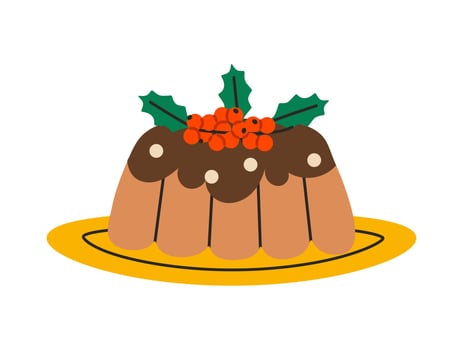 Christmas cake with holy berries. Festive Gingerbread Bundt Cake with chocolate glaze. Flat illustration isolated on white background. vector