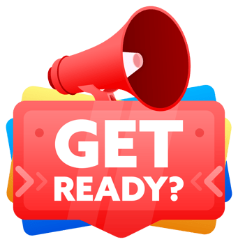 Get ready. Badge with megaphone banner, label. Marketing and advertising. illustration png